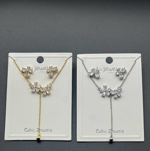Floral Drop Cubic Zirconia Necklace Earrings Set Silver Golden