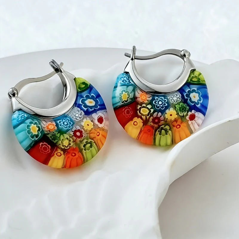 A Pair Of Bohemian-style Stained-glass Hoop Earrings