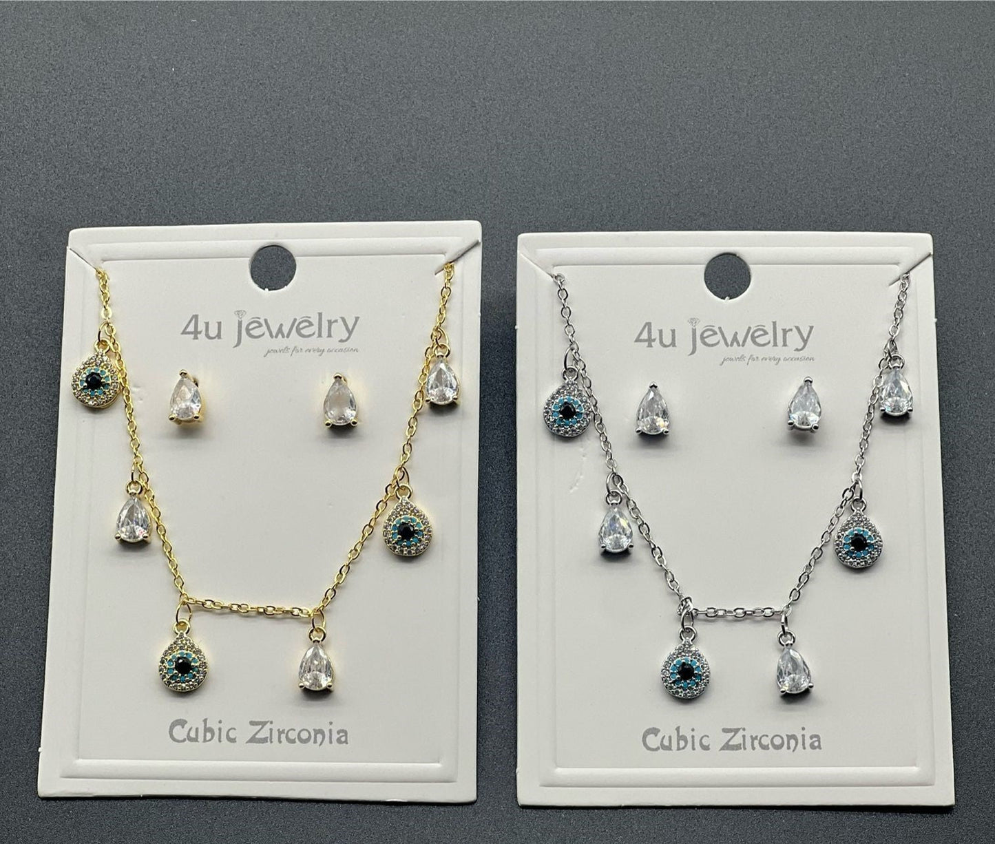 Evil Eye Teardrop Dangle Set Silver Golden