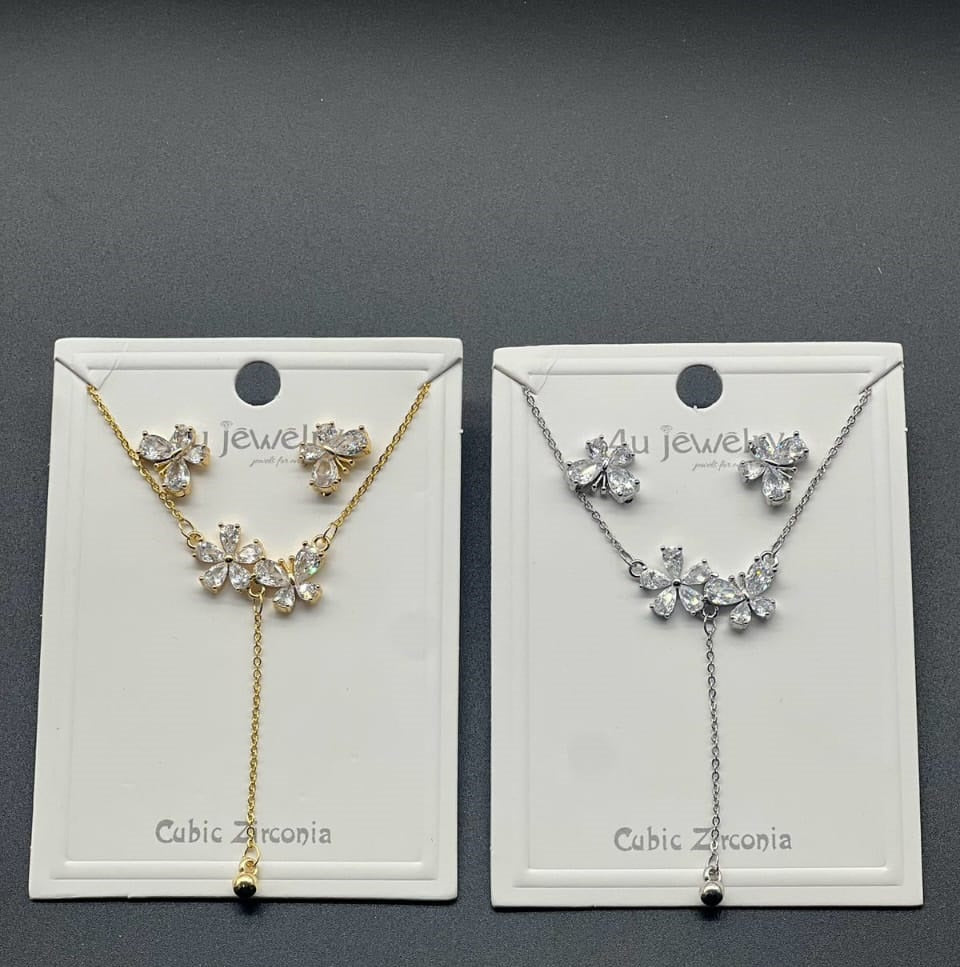 Floral Drop Cubic Zirconia Necklace Earrings Set Silver Golden