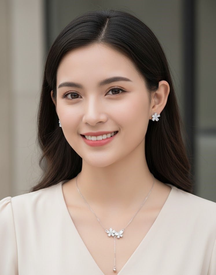 Floral Drop Cubic Zirconia Necklace Earrings Set Silver Golden