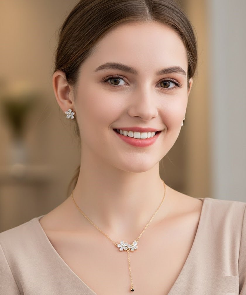 Floral Drop Cubic Zirconia Necklace Earrings Set Silver Golden