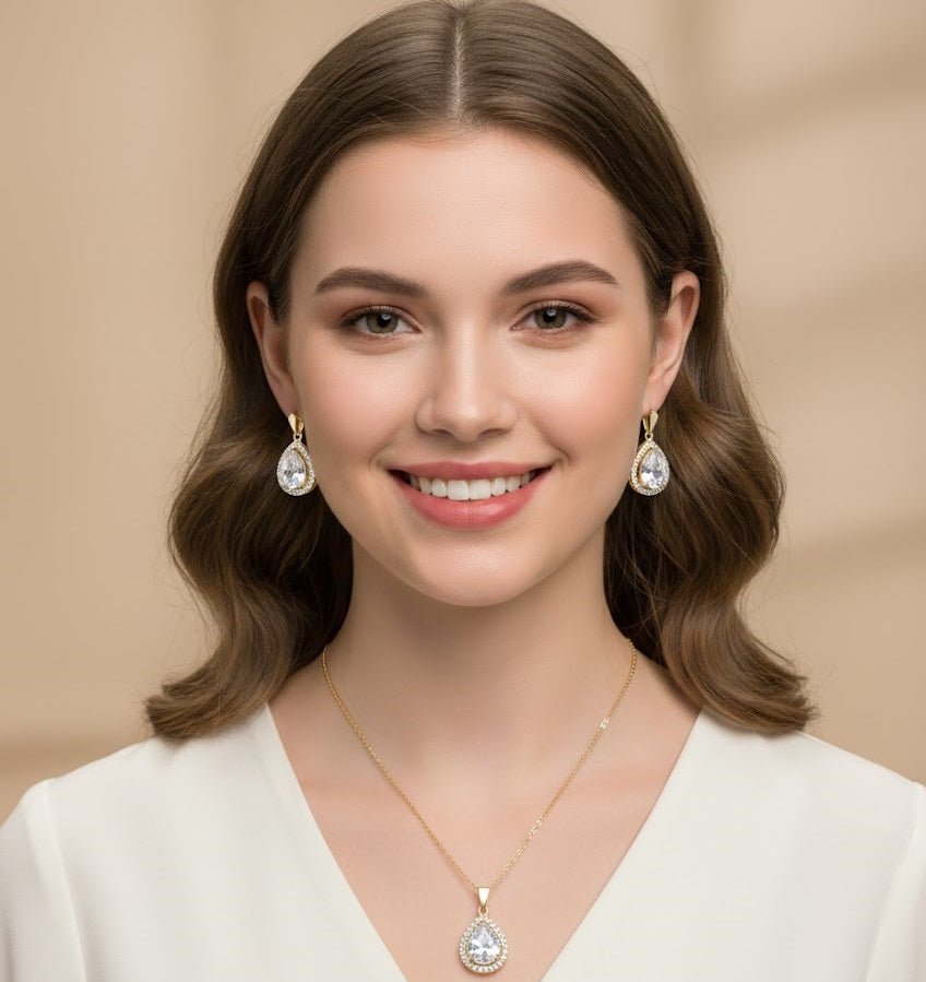 Teardrop Halo Jewelry Set Silver Golden