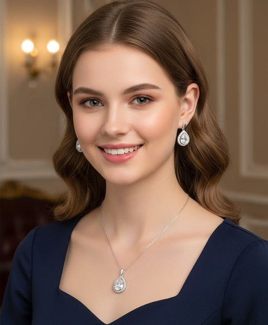 Teardrop Halo Jewelry Set Silver Golden
